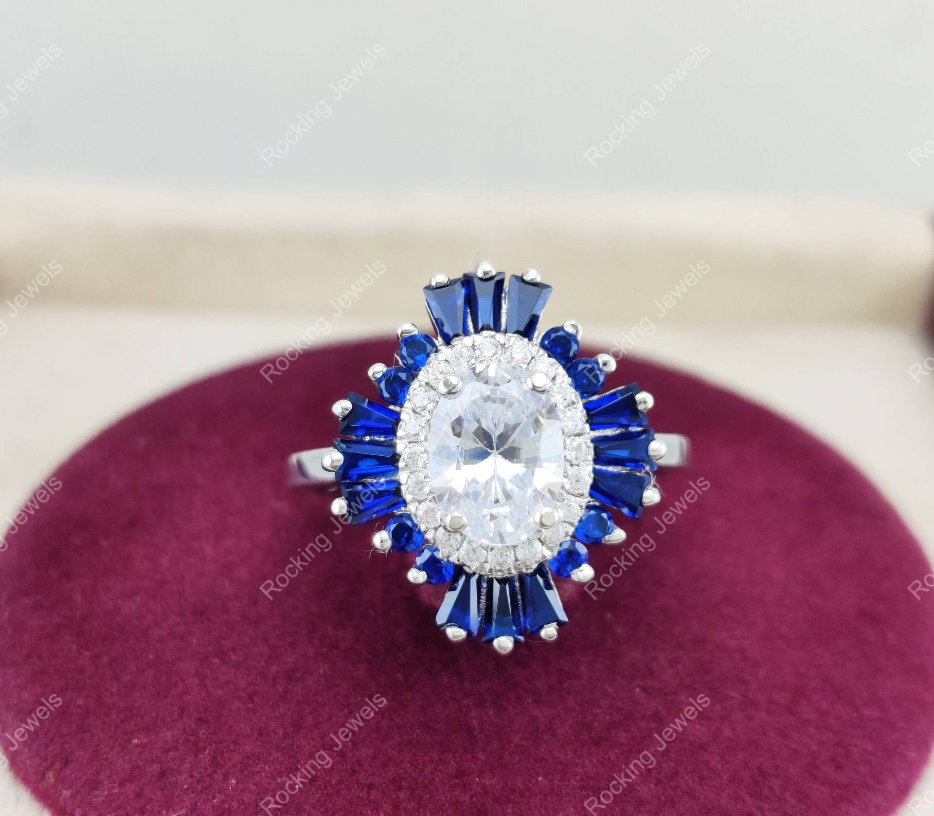 Saphir Zielring, Starburst Vintage Ring, Gatsby Verlobungsring, Art Deco Stil Doppel Halo Oval 925 Silber Damen Ring von RockingJewels