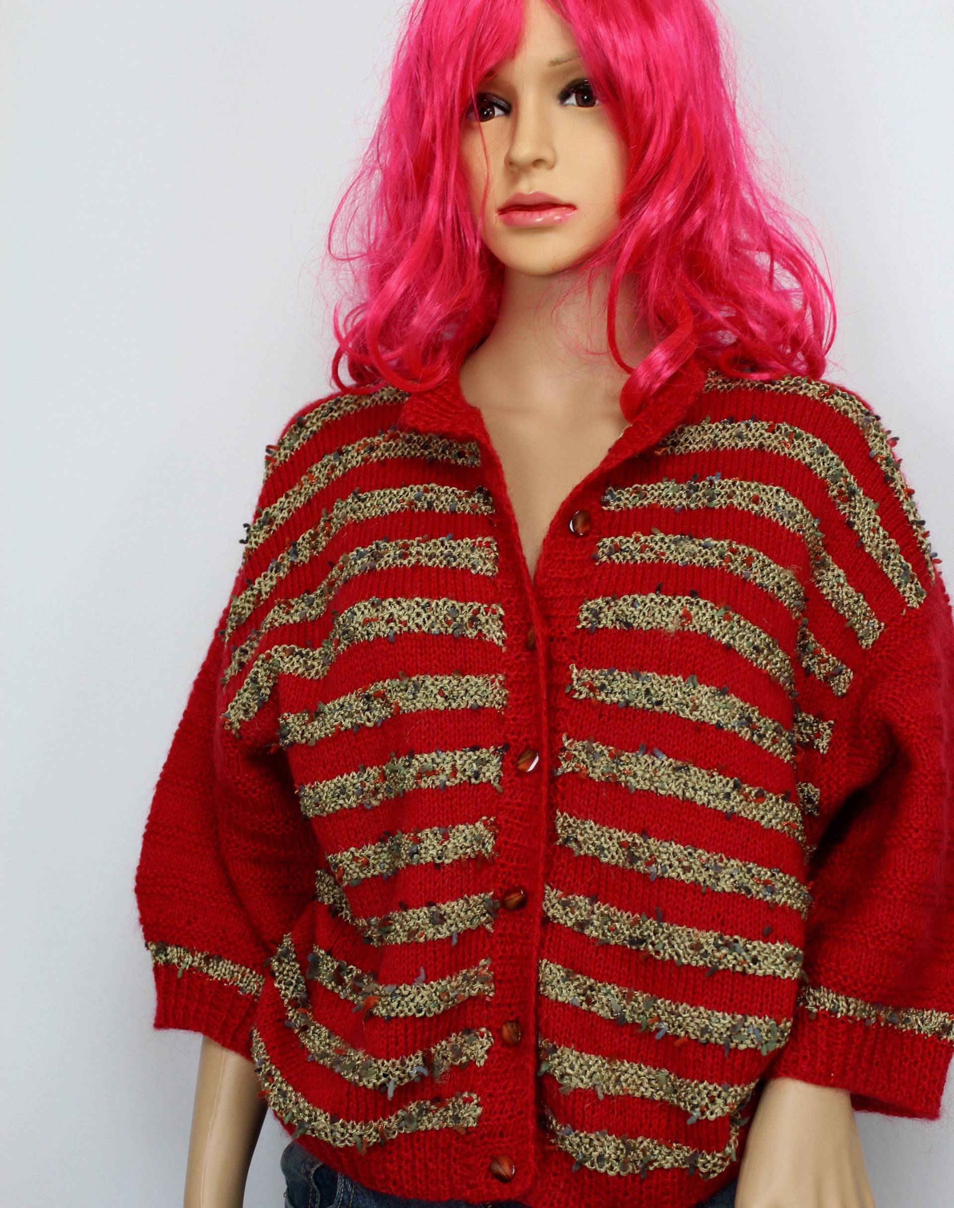 90Er Y2Ks Rote Strickjacke, Größe Medium von RocknGlittzVintage