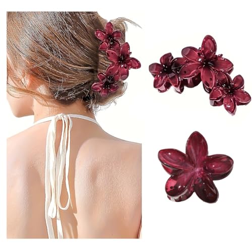 2 er Hawaiian Plumeria Haarklammer Blumen Haarspangen Groß Damen Claw Clip mit Plumeria-Blumen Rutschfeste Krallenklammern Hawaii-Haarschmuck für Dickes Dünnes Haar Party Strand Pool Burgunderrot von Rockreyoa