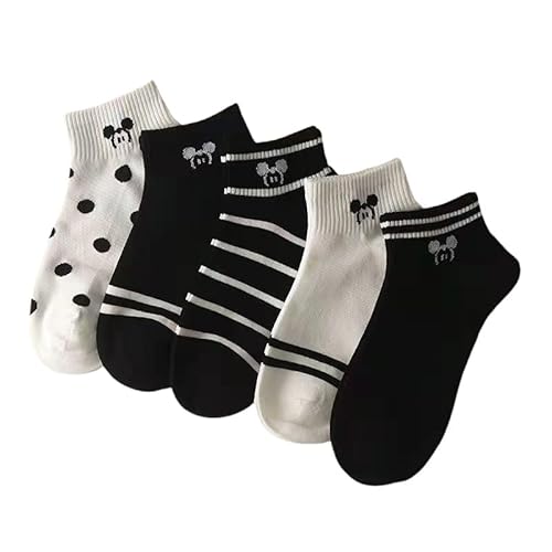 Rockreyoa 5 Paar Damen Socken Atmungsaktiv Füßlinge Rüschen Socken Kurze Halbsocken Baumwolle Knöchelsocken Karikatur Tier Strümpfe Sportsocken Sommer Knöchelsocken Sneakersocken Micky von Rockreyoa
