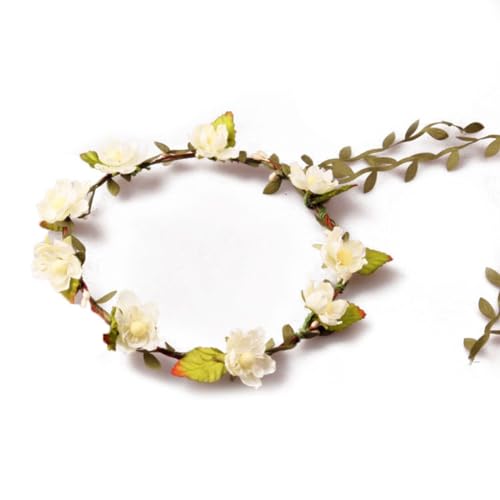 Rockreyoa Blumenkranz Verstellbar Damen Haarband Blumen Haare Blumenkrone Boho Stirnband Kopfschmuck mit grünem Blattband für Frauen Hochzeit Party Festival Zeremonie Fotografie-Requisiten Creme von Rockreyoa