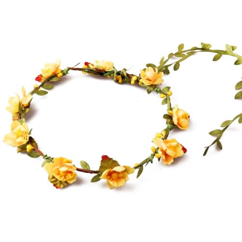 Rockreyoa Blumenkranz Verstellbar Damen Haarband Blumen Haare Blumenkrone Boho Stirnband Kopfschmuck mit grünem Blattband für Frauen Hochzeit Party Festival Zeremonie Fotografie-Requisiten Gelb von Rockreyoa
