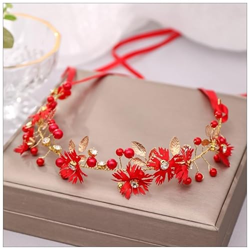 Rockreyoa Braut Stirnband Haarschmuck Hochzeit Braut Stirnband Blumenkranz Perlen Haarreif Haarschmuck Hochzeit Blumenkranz Stirnband Haarkranz Mädchen Haarschmuck Kommunion Brautkranz Rot von Rockreyoa