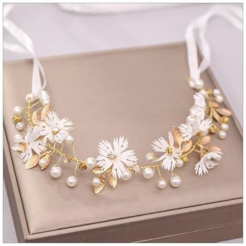 Rockreyoa Braut Stirnband Haarschmuck Hochzeit Braut Stirnband Blumenkranz Perlen Haarreif Haarschmuck Hochzeit Blumenkranz Stirnband Haarkranz Mädchen Haarschmuck Kommunion Brautkranz Weiß von Rockreyoa