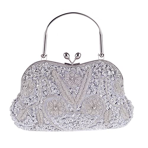 Rockreyoa Damen Clutch Abendtasche mit Perlen Vintage Floral Handtasche Luxury Schultertasche Klein Tasche Pailletten Brauttasche für Hochzeit Geburtstag Bankett Abschlussball Party Champagner von Rockreyoa
