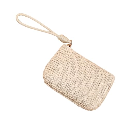 Rockreyoa Geldbörse Damen Klein Mini Kurzer Geldbeutel Kleine Geldbörsen mit Lanyard Geldbeutel Frauen Wechseltasche Coin Purse Stroh Clutch Portemonnaie Clutch Tasche Wallet Schlüsseletui Beige von Rockreyoa