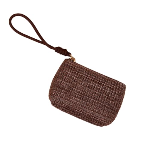 Rockreyoa Geldbörse Damen Klein Mini Kurzer Geldbeutel Kleine Geldbörsen mit Lanyard Geldbeutel Frauen Wechseltasche Coin Purse Stroh Clutch Portemonnaie Clutch Tasche Wallet Schlüsseletui Kaffee von Rockreyoa