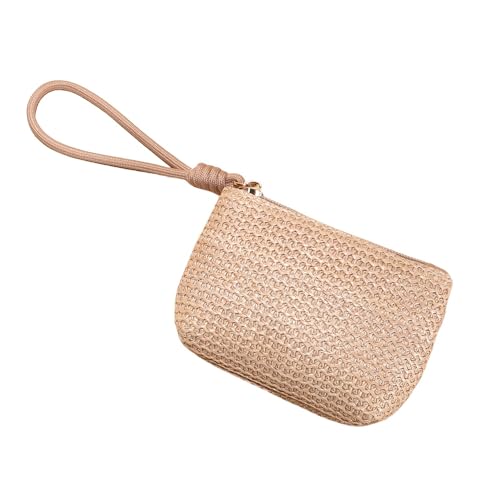 Rockreyoa Geldbörse Damen Klein Mini Kurzer Geldbeutel Kleine Geldbörsen mit Lanyard Geldbeutel Frauen Wechseltasche Coin Purse Stroh Clutch Portemonnaie Clutch Tasche Wallet Schlüsseletui Khaki von Rockreyoa