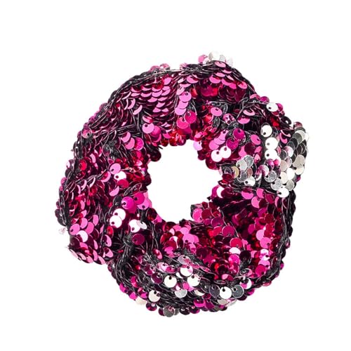 Rockreyoa Glitzer Haargummi Pailletten Bunt Meerjungfrau Pailletten Haargummi Funkelnde Hair Scrunchies Glitzer Pferdeschwanzhalter Elastische Zopfgummi Haarschmuck Haarbänder für Mädchen Rosarot von Rockreyoa