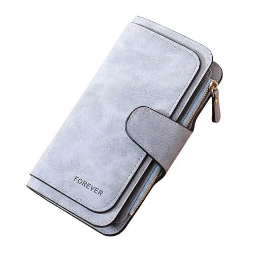 Rockreyoa Große Damen Geldbörse Lang Portemonnaie Frauen Groß Geldbeutel Leder Clutch Viel Kartenfächer Wallet Viele Fächer mit 14 Kartenfächer Geldbeutel aus Leder Coin Purse Wallet Hellblau von Rockreyoa