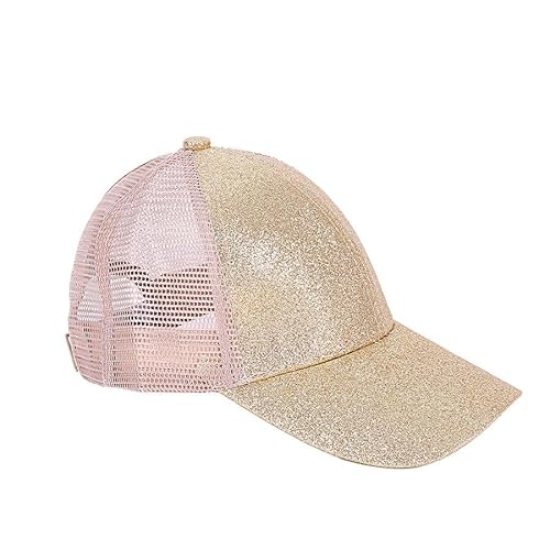 Rockreyoa Mädchen Basecap Kinder Glitzer Baseball Cap Netz Baseballmütze Glänzende Pferdeschwanz Hüte Verstellbare Sonnenhut Sommer Baseballkappe Cool Kappe Sommer Sonnenkappe Outdoor Gold von Rockreyoa