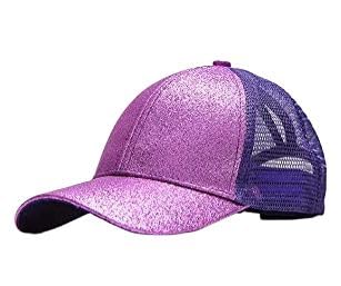 Rockreyoa Mädchen Basecap Kinder Glitzer Baseball Cap Netz Baseballmütze Glänzende Pferdeschwanz Hüte Verstellbare Sonnenhut Sommer Baseballkappe Cool Kappe Sommer Sonnenkappe Outdoor Lila von Rockreyoa
