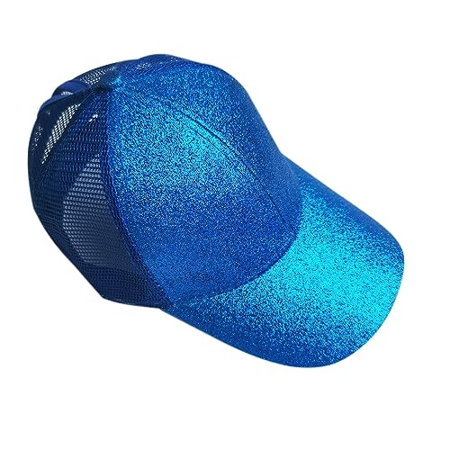 Rockreyoa Mädchen Basecap Kinder Glitzer Baseball Cap Netz Baseballmütze Glänzende Pferdeschwanz Hüte Verstellbare Sonnenhut Sommer Baseballkappe Cool Kappe Sommer Sonnenkappe Outdoor Saphirblau von Rockreyoa
