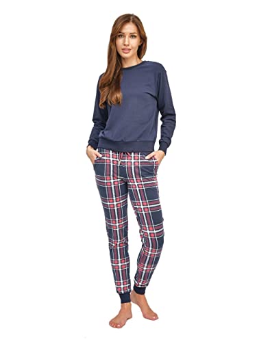 Rocks Me Baby Damen Schlafanzug Lang mit Bündchen Zweiteiliger einfarbiger Oberteil mit Rundhals und Karierte Hose mit Tasche - Baumwolle Pyjama Regular Fit, Größe L, Dunkel Blau von Rocks Me Baby