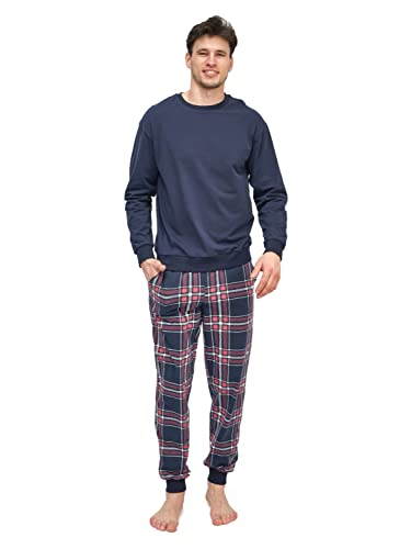 Rocks Me Baby RM-B Herren Schlafanzug Lang mit Bündchen Zweiteiliger einfarbiger Oberteil mit Rundhals und Karierte Hose mit Taschen - Baumwolle Pyjama Regular Fit, Größe M, Dunkel Blau von Rocks Me Baby