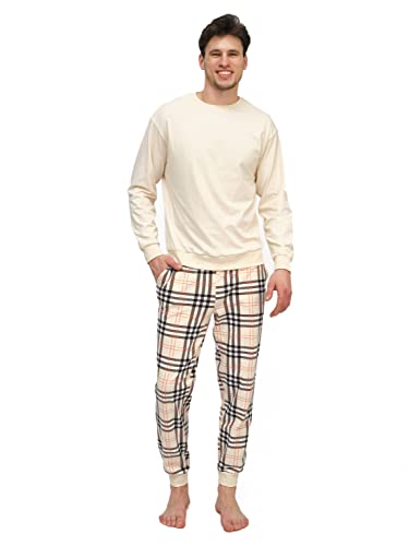 Rocks Me Baby RM-B Herren Schlafanzug Lang mit Bündchen Zweiteiliger einfarbiger Oberteil mit Rundhals und Karierte Hose mit Taschen - Baumwolle Pyjama Regular Fit, Größe M, Hell von Rocks Me Baby