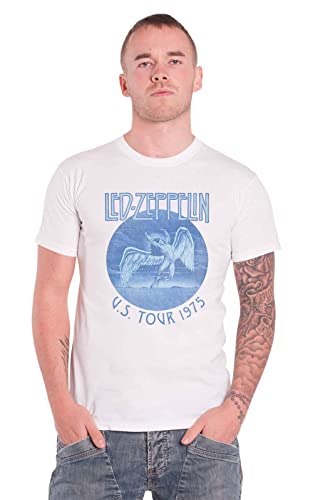 Led Zeppelin T Shirt Tour 1975 Blau Wash Band Logo Nue offiziell Herren Weiß L von Rock Off