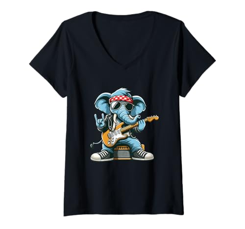 Damen Cool Elephant rockt Gitarren-Attitüde T-Shirt mit V-Ausschnitt Damen Cool Elephant rockt Gitarren-Attitüde T-Shirt mit V-Ausschnitt von Rockstar Elephant Guitar Music Lover