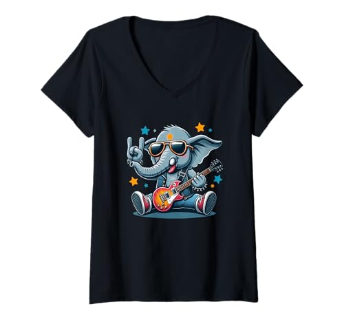Damen Rock On Elephant mit Gitarre im coolen Stil T-Shirt mit V-Ausschnitt Damen Rock On Elephant mit Gitarre im coolen Stil T-Shirt mit V-Ausschnitt von Rockstar Elephant Music Star Cool Vibes