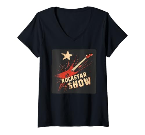 Damen Coole Rockstar-Show mit diesem schönen E-Gitarren-Kostüm T-Shirt mit V-Ausschnitt Damen Coole Rockstar-Show mit diesem schönen E-Gitarren-Kostüm T-Shirt mit V-Ausschnitt von Rockstar Show Outfit