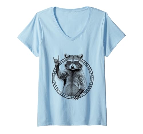 Damen Retro Waschbär Heavy Metal Motiv T-Shirt mit V-Ausschnitt von Rocktier Designs
