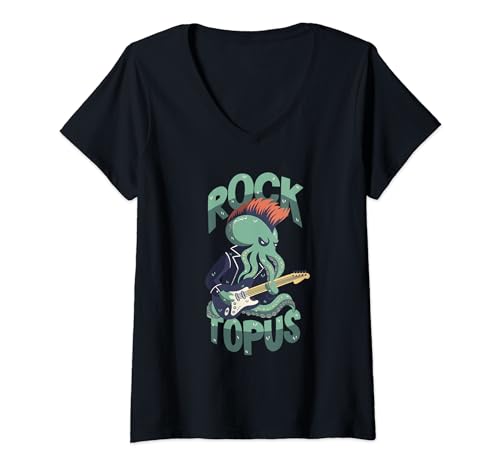 Damen Rocker Octopus Wortspiel T-Shirt mit V-Ausschnitt von Rocktopus Designs