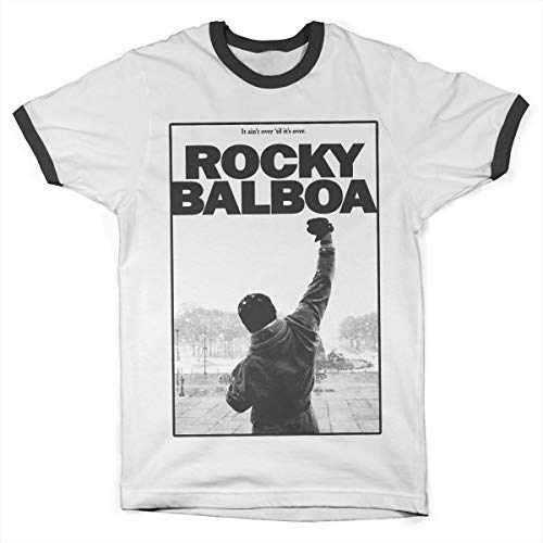 Rocky Offizielles Lizenzprodukt Balboa - It Ain't Over Ringer Herren T-Shirt (Weiß-Schwarz), Small von Rocky