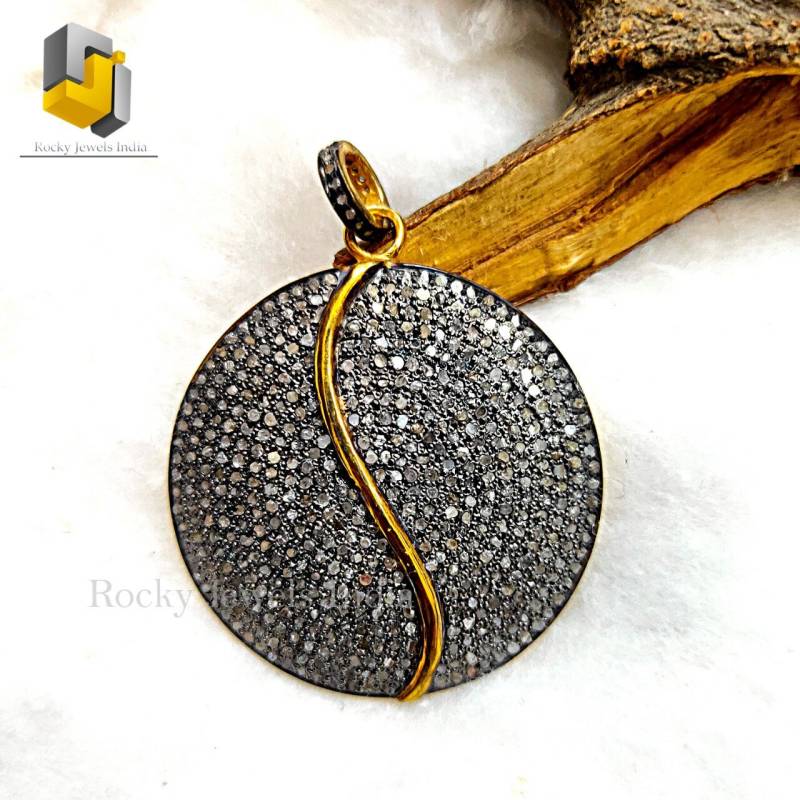 14K Gold 925 Sterling Silber Pflastern Rahmen Natürlicher Diamant Schöne Echte Natürliche Runde Form Scheibe Anhänger Feiner Schmuck von RockyJewelsIndia