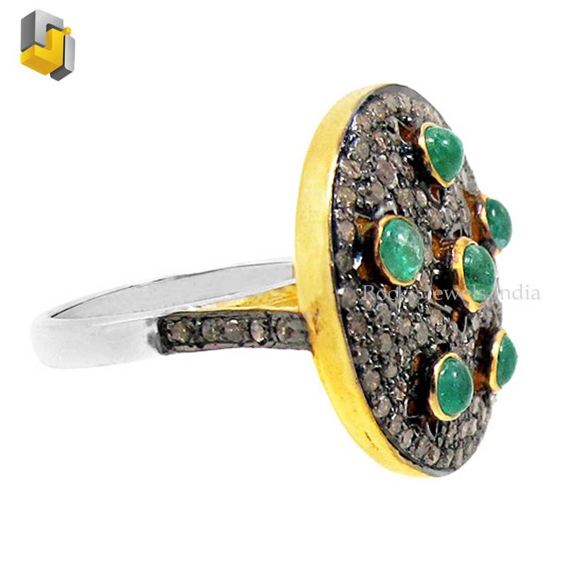 14K Gold Sechs Stück Natürliche Grüne Smaragde Runde Cab Ring 925 Sterling Silber Oxidiert Diamant Smaragd Edelstein Unisex Edlen Schmuck von RockyJewelsIndia