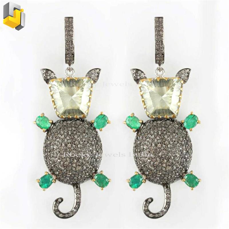 925 Sterling Silber Natürliche Smaragd Edelstein Und Crystal Quartz Oxidized Ohrring Pflastern Einstellung Natürlichen Real Diamond 14K Gold von RockyJewelsIndia