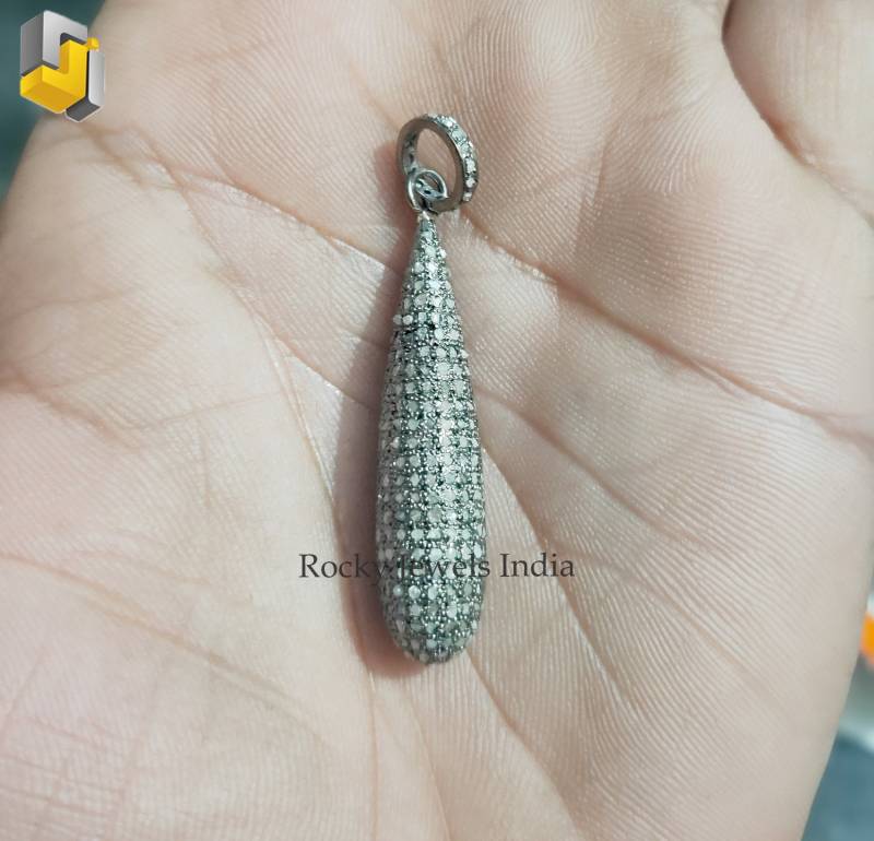 925 Sterling Silber Pflastern Diamant Natürliche Schöne Eiform Anhänger Feine Schmuck Handgemachte von RockyJewelsIndia