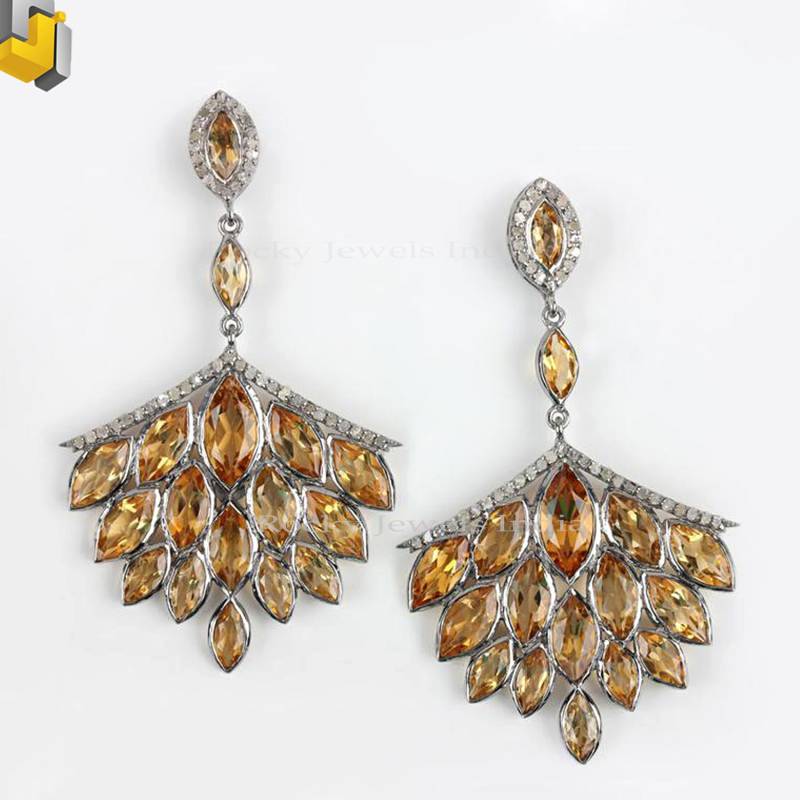 Designer Citrin Edelstein Oxidiert Zu Verdienen Baumeln Sterling Silber Pflastern Einstellung Natürlichen Real Diamond Earing Schmuck von RockyJewelsIndia