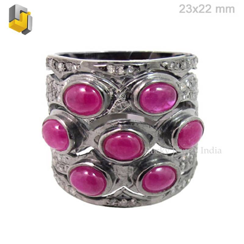 Glückliche Sieben Stück Natürliche Rubin Runde Cab Ring 925 Sterling Silber Oxidiert Diamant Edelstein Unisex Edlen Schmuck Neujahr Verkauf von RockyJewelsIndia