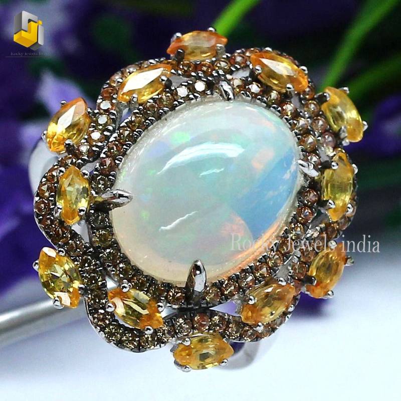 Helle Silber 925 Solid Sterling Natürlichen Saphir Und Feueropal Edelsteinring Mit Citrin Schöner von RockyJewelsIndia