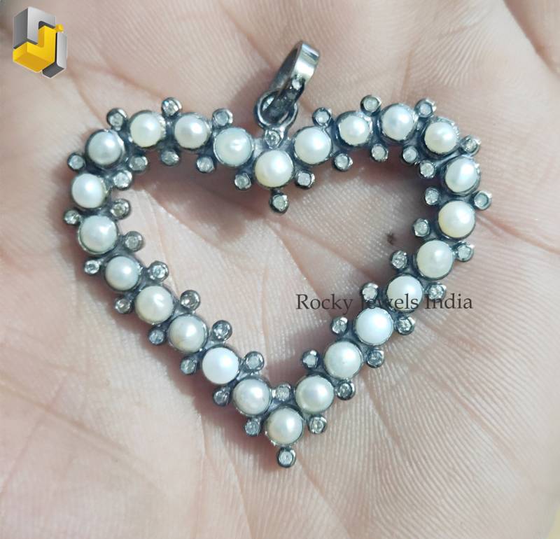 Herz Form Anhänger 925 Sterling Silber Schwarz Oxidiert Natürliche Pflastern Fassung Diamant Mit Natürlichen Perle Edelstein Schmuck von RockyJewelsIndia