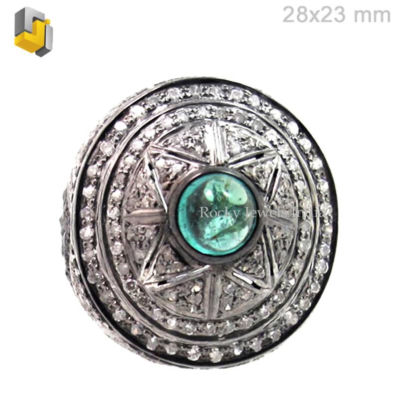 Natürliche Schöne Grüne Smaragd Runde Cab Ring 925 Sterling Silber Oxidiert Diamant Edelstein Unisex Feinen Schmuck Neues Jahr von RockyJewelsIndia