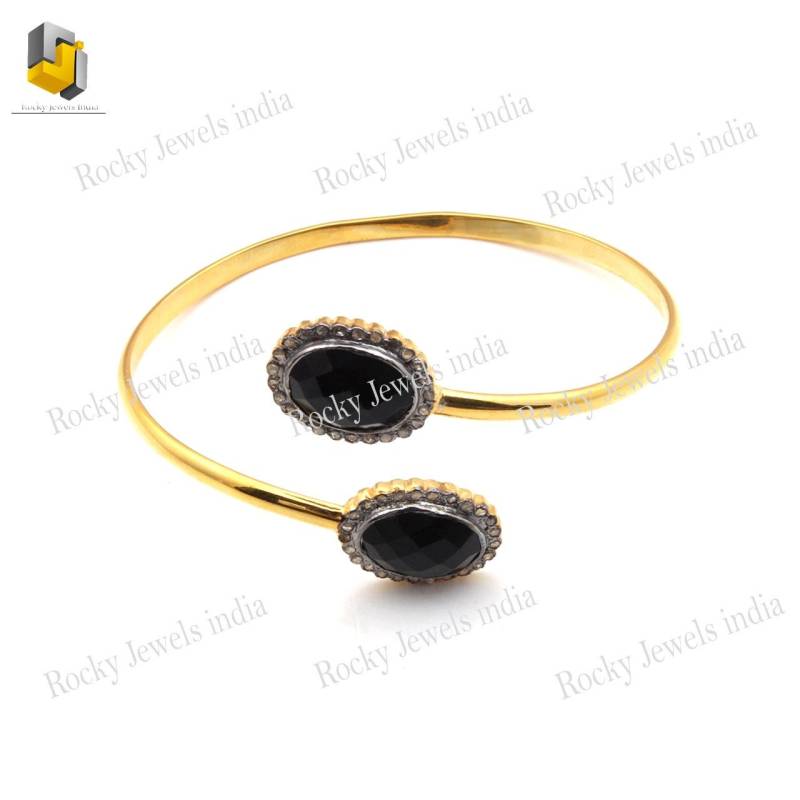 Neue Ankunft Schöne 14K Gelbgold 925 Sterling Silber Pflastern Natürlichen Diamant Schwarzen Onyx Edelstein Armreif Armbänder Schmuck von RockyJewelsIndia
