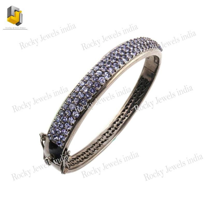 Stilvolle 925 Sterling Silber Blau Saphir Edelstein Armreif Armband Unisex Gb Lock Oxidierte Farbe Armbänder Edlen Schmuck von RockyJewelsIndia