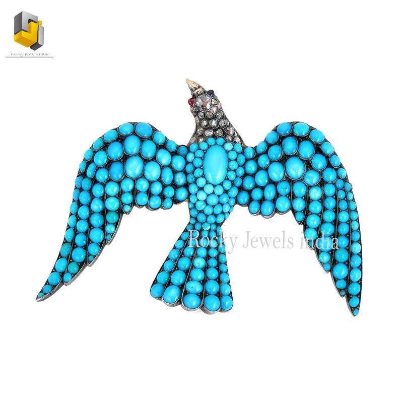 Wunderschöne Look 925 Sterling Silber Pflastern Natürliche Diamant Türkis Edelstein Anhänger Adler Form Vogel von RockyJewelsIndia