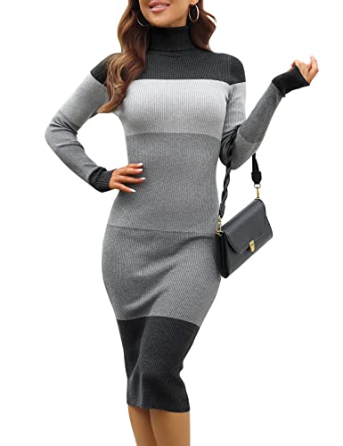 Rocorose Damen Rollkragenkleid gerippt Ellenbogen Langarm Strickpullover Kleid - - Groß von Rocorose