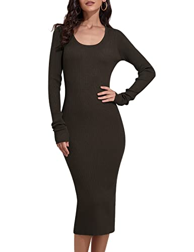 Rocorose Damen Rundhals Pullover Pulloverkleid Elastizität Slim Fit Sweater Strick Bodycon Kleider, Deep Coffee, Groß von Rocorose