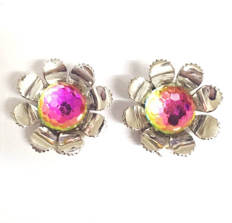 Jahrgang Swarovski Disco Kugel Crystal Aurora Borealis Silber Ton Blume Clip Ohrringe 70Er Jahre Brautjungfer Geschenk von RodaLova
