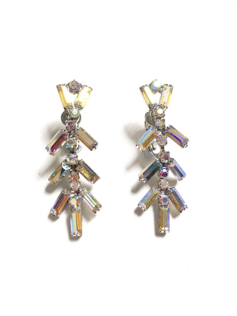Vintage Aurora Borealis Ab Strass Baguette Cut Baumeln Tropfen Ohrclips Statement Ohrringe Braut Hochzeit von RodaLova