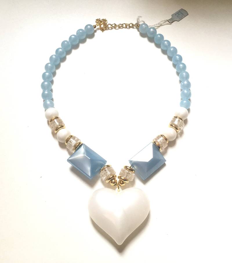 Vintage Moonglow Perlen Großes Herz Anhänger Halskette Pastell Chunky Selten von RodaLova