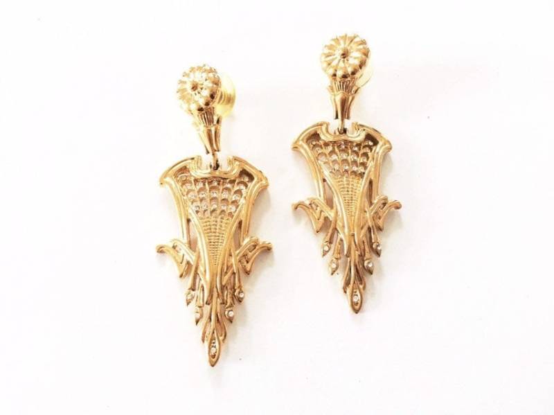 Vintage Swarovski Komponente Gold Ton Pfau Baumbild Tropfen Ohrringe Statement von RodaLova