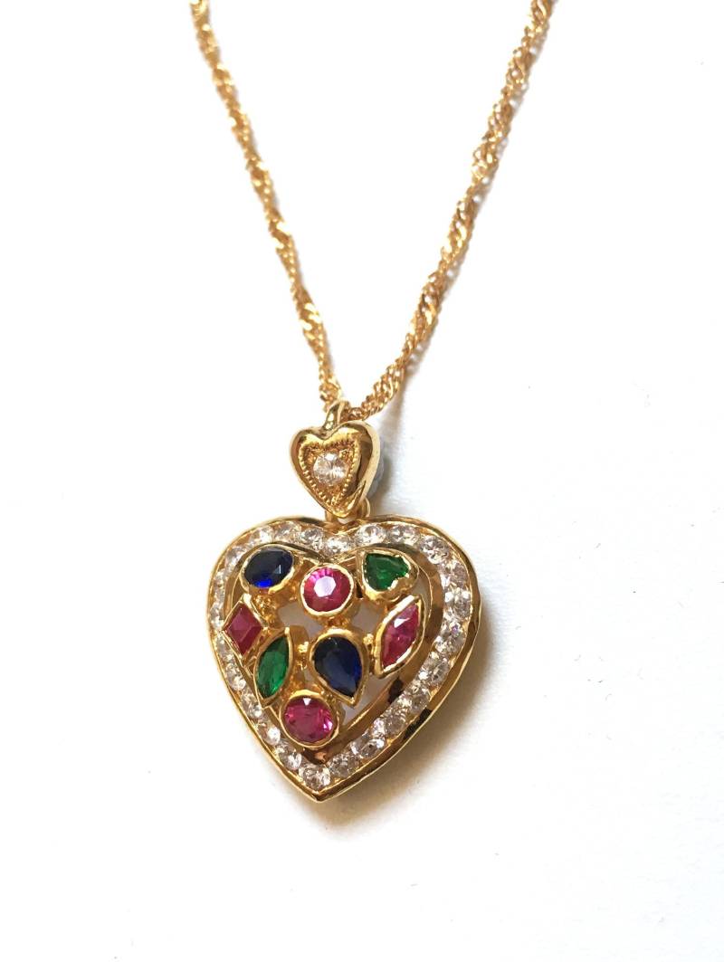 Vintage Vergoldete Silber Mehrfarbige Edelstein Lünette Set Herzform Anhänger Kette Halskette von RodaLova