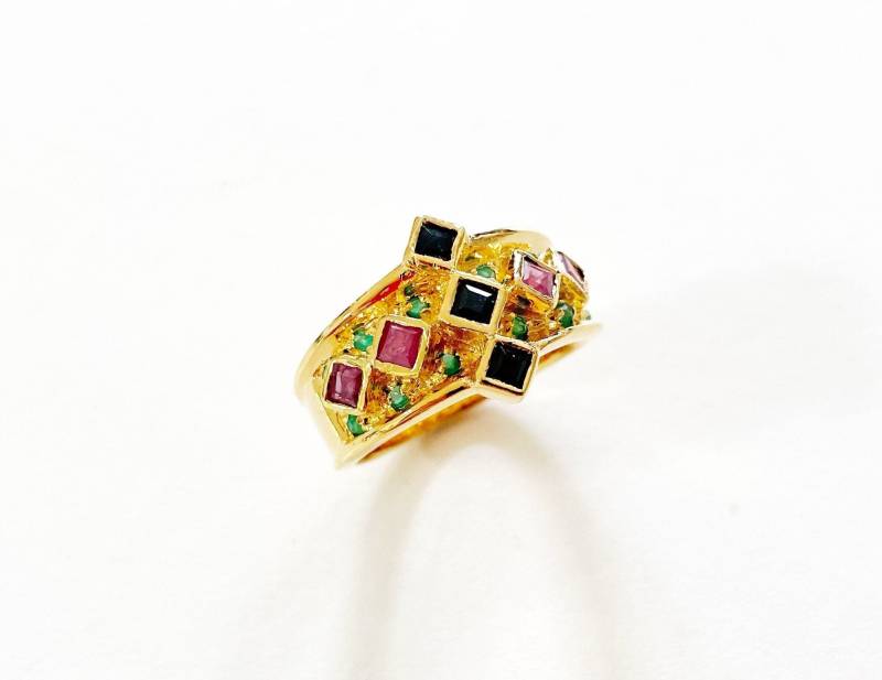 Vintage Vermeil Vergoldet Sterling Silber Rubin Smaragd Saphir Ring Gepunktet 925 Größe 8 von RodaLova