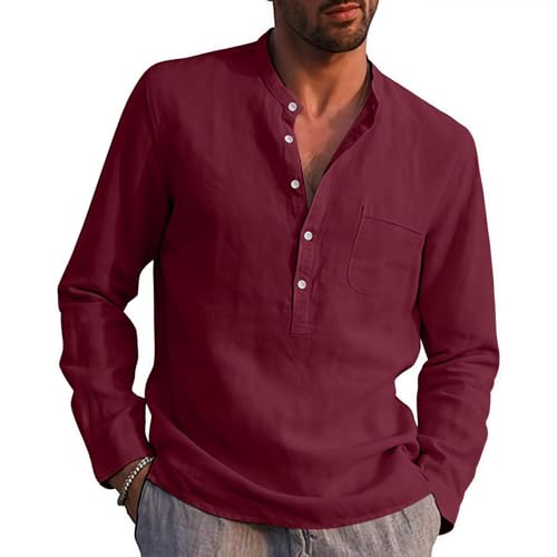 Herren Hemd Langarm Leinen Hemden Leichtes Leinenhemd Freizeithemd Rot Hemd Herren von Rodawu