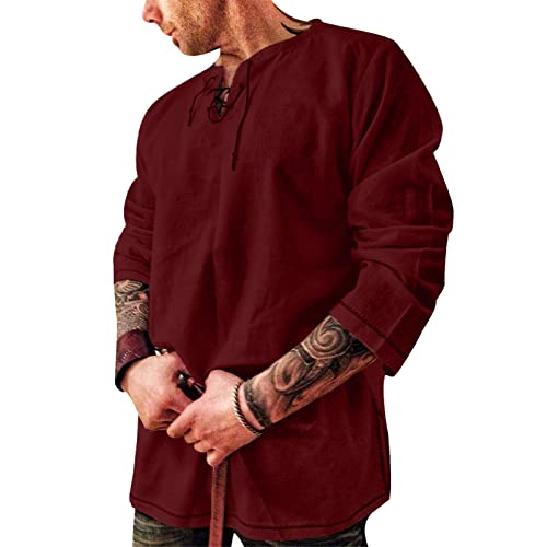 Leinenhemd Herren Langarm Mittelalter Wikinger Hemden Freizeithemd Rot Hemd Herren von Rodawu