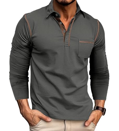 Poloshirt Herren Langarm Polo Shirt Langarmshirt Baumwolle T Shirt Herren Grau von Rodawu